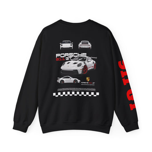 Black sweatshirt with Porsche 911 GT design on a white background