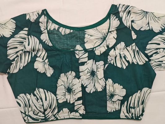 Green & White Leaf Printed Cotton Ready Made Blouse