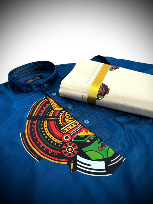 Blue Kathakali Printed Kurtha and Dhoti Combo