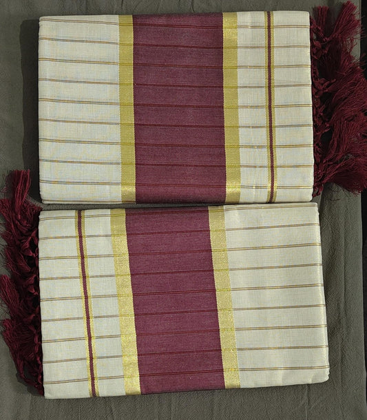 Striped fabric with maroon and beige colors on a plain background