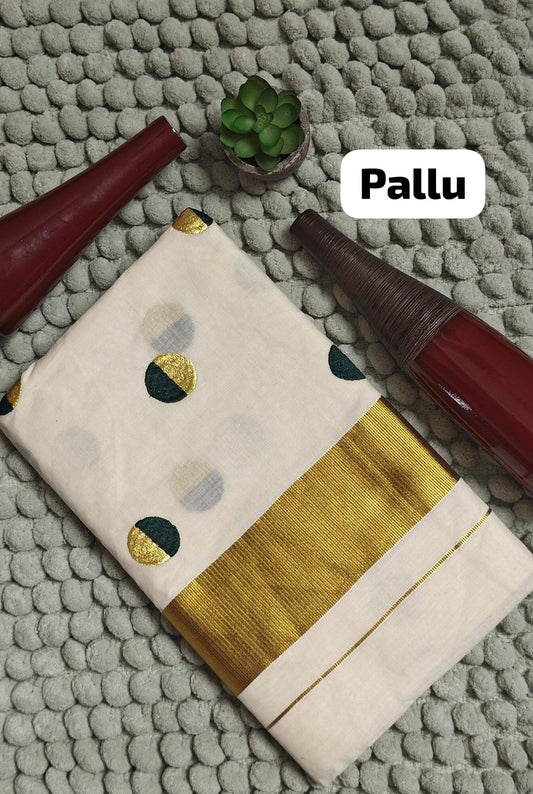 Kasavu saree - dual-tone embroidery GREEN / GOLD