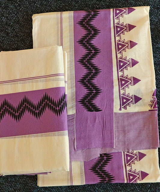 Set Mundu - Temple Design Pallu with 3 Inch Light Purple Kasavu