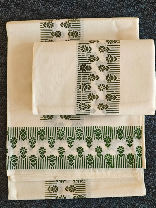 Set Mundu - Floral Print Design Pallu in Dark Green