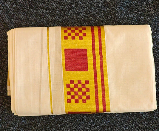 Set Mundu with Dark Red & Golden Check Pallu 3 Inch Kasavu