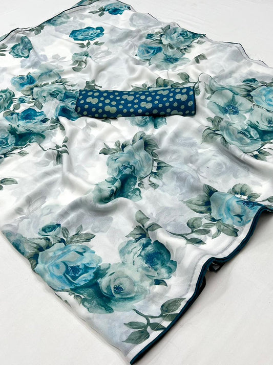White & Blue Flower Georgette Saree