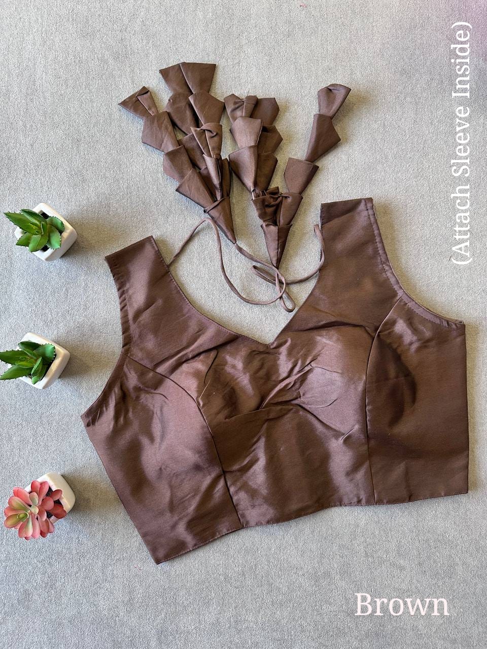 Brown Silk Blouse for Women | Sweetheart Neckline, Padded, Sleeves attached, Size Alterable 40 - 46