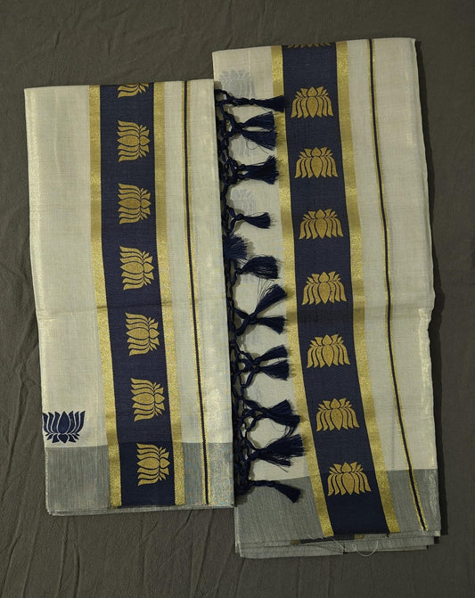 Set Mundu Navi Blue Lotus Golden with Treaded Pallu 3.5 Inch Kasavu