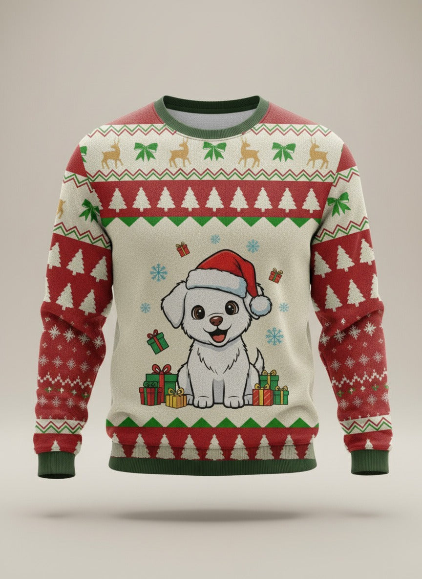 Christmas-themed sweater with a dog wearing a Santa hat and presents on a beige background