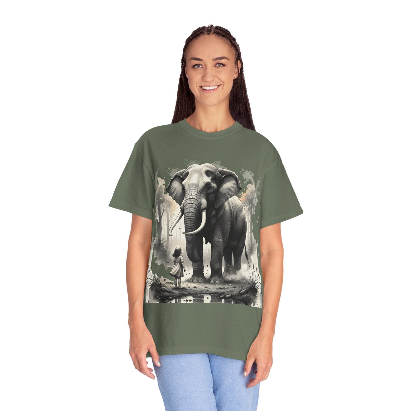 Elephant & Girl Graphic T-Shirt | Vintage Wildlife Illustration T-Shirt for Nature Lovers