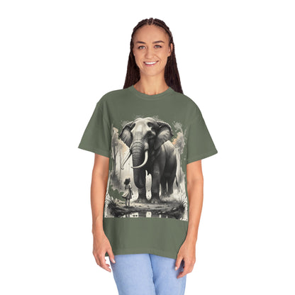 Elephant & Girl Graphic T-Shirt | Vintage Wildlife Illustration T-Shirt for Nature Lovers
