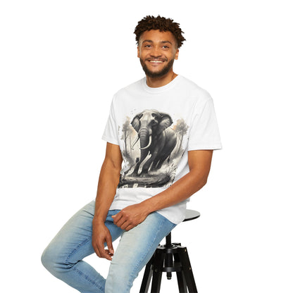 Man wearing a white t-shirt with an elephant graphic, sitting on a stool against a white background