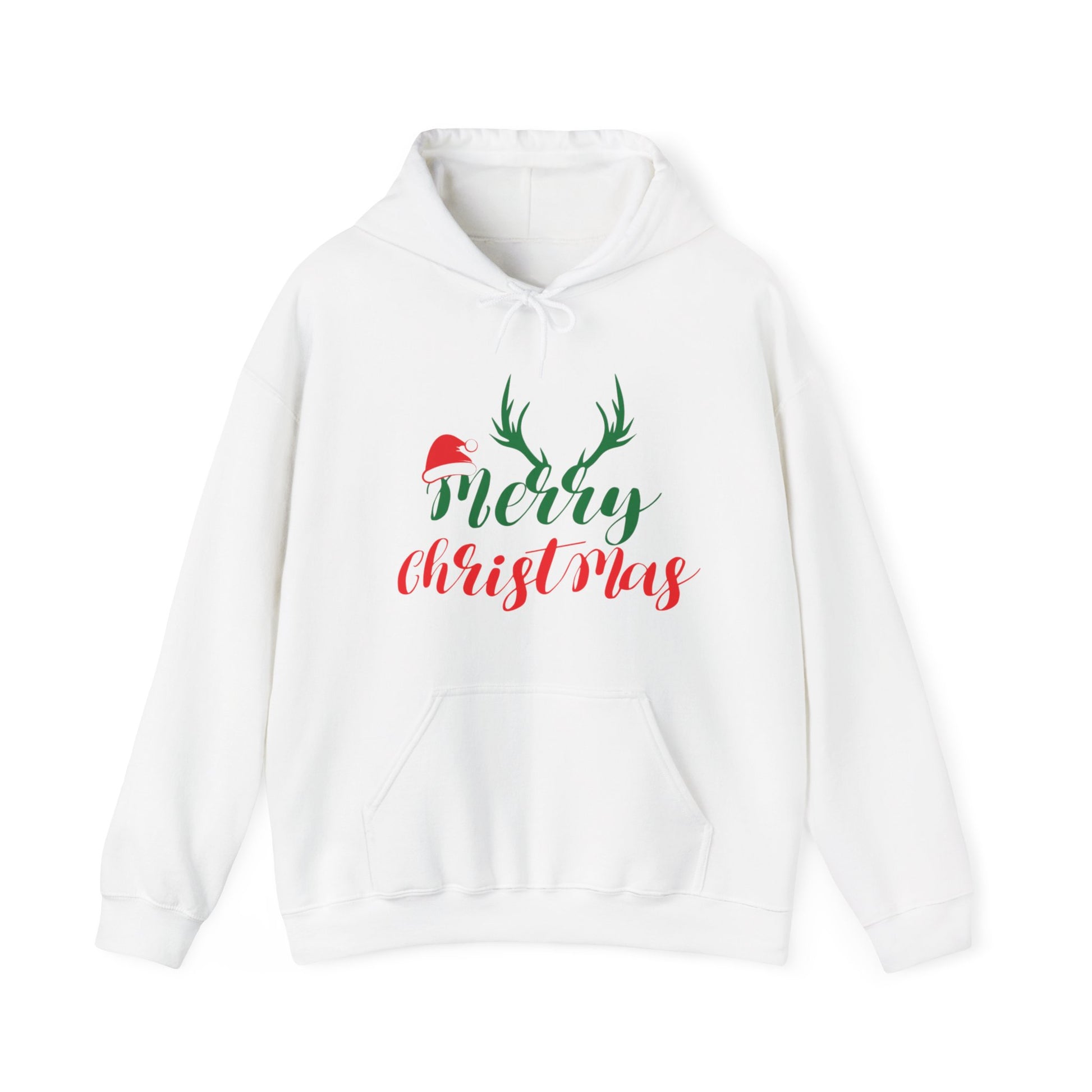 White hoodie with 'Merry Christmas' text and reindeer design on a white background