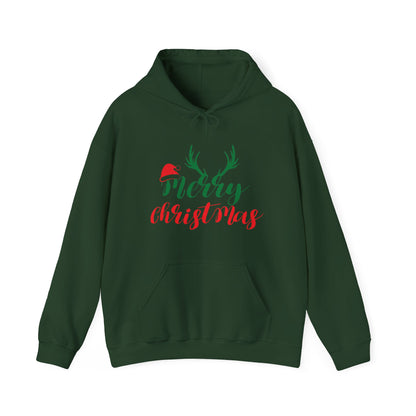 Merry Christmas Reindeer Antlers Hoodie — Festive Holiday Sweatshirt with Santa Hat Accent