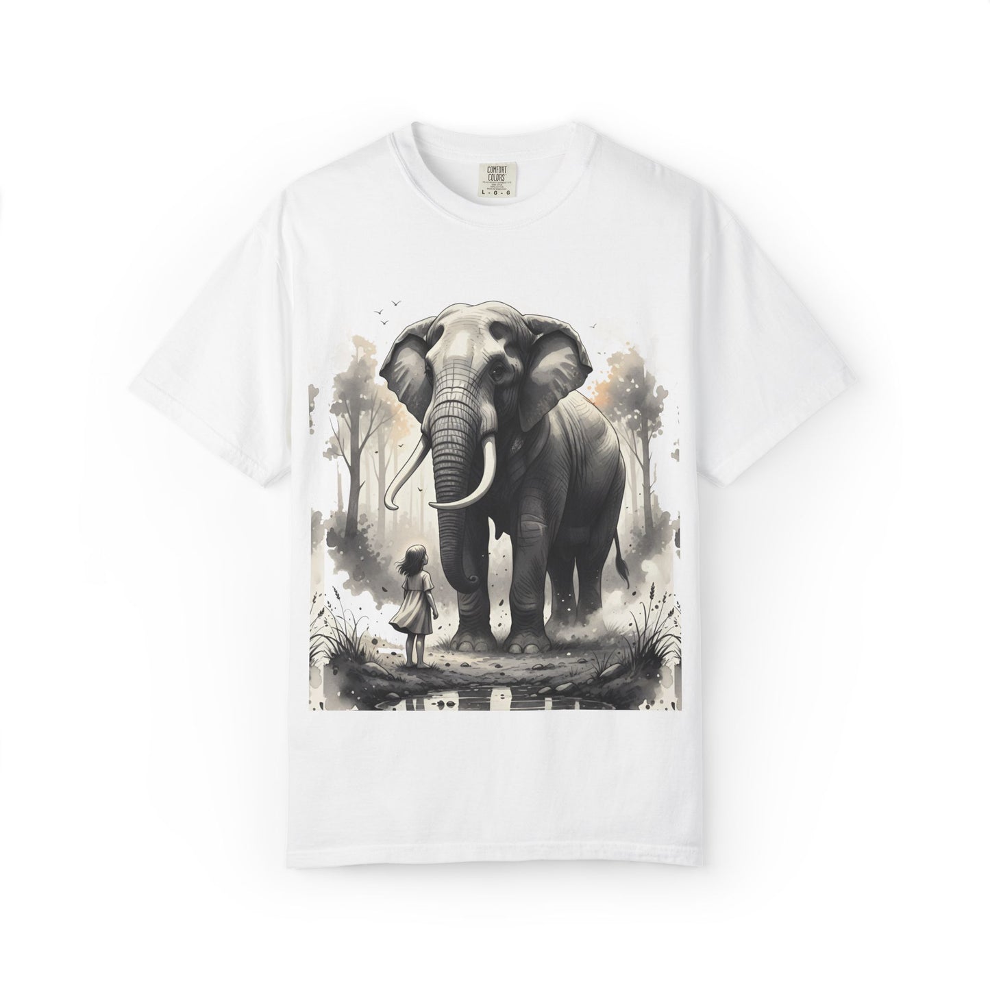 White t-shirt with an elephant and person graphic on a white background
