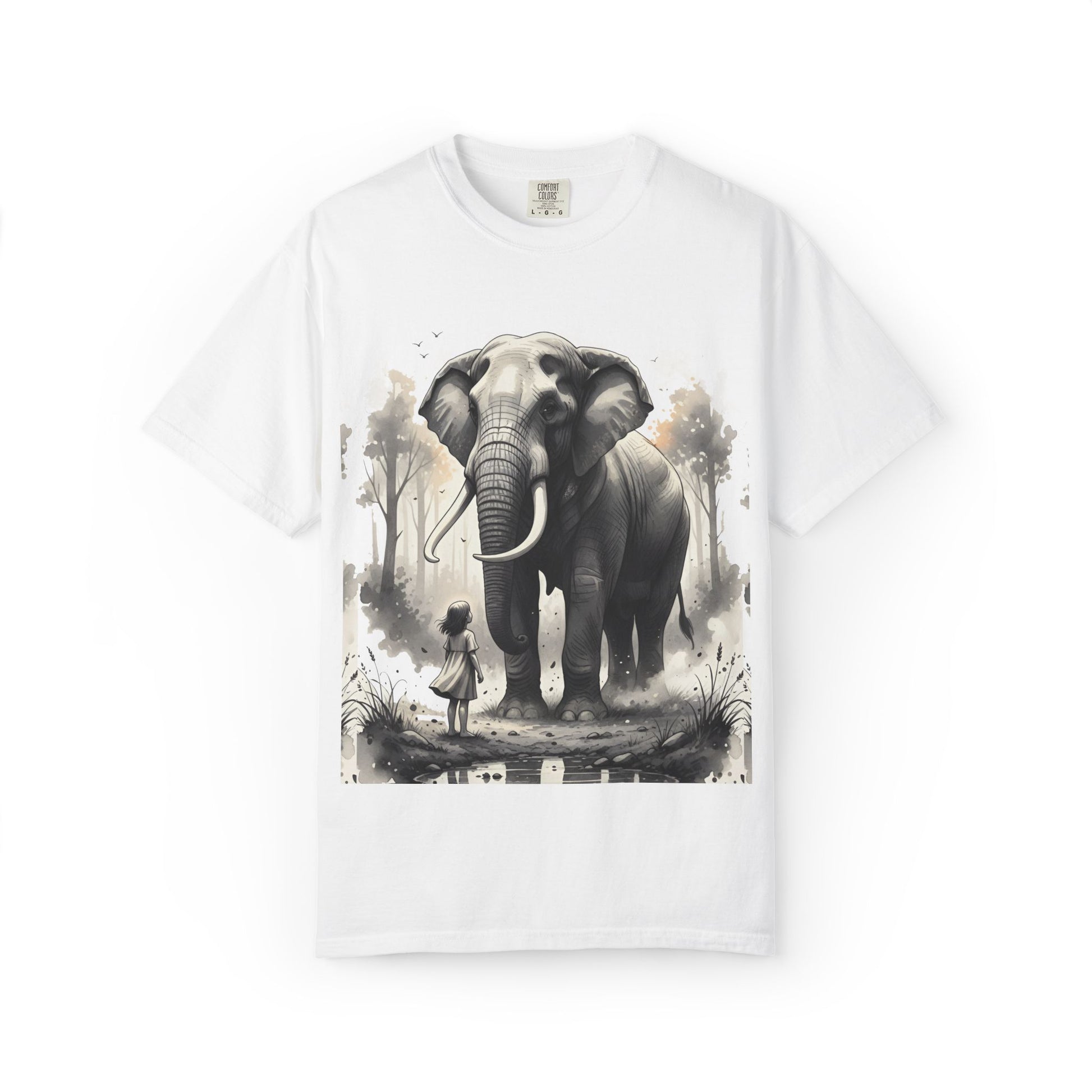 White t-shirt with an elephant and person graphic on a white background