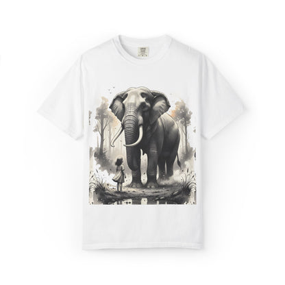 White t-shirt with an elephant and person graphic on a white background
