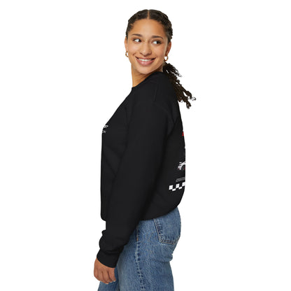 Woman wearing a black sweatshirt with white graphics on a white background