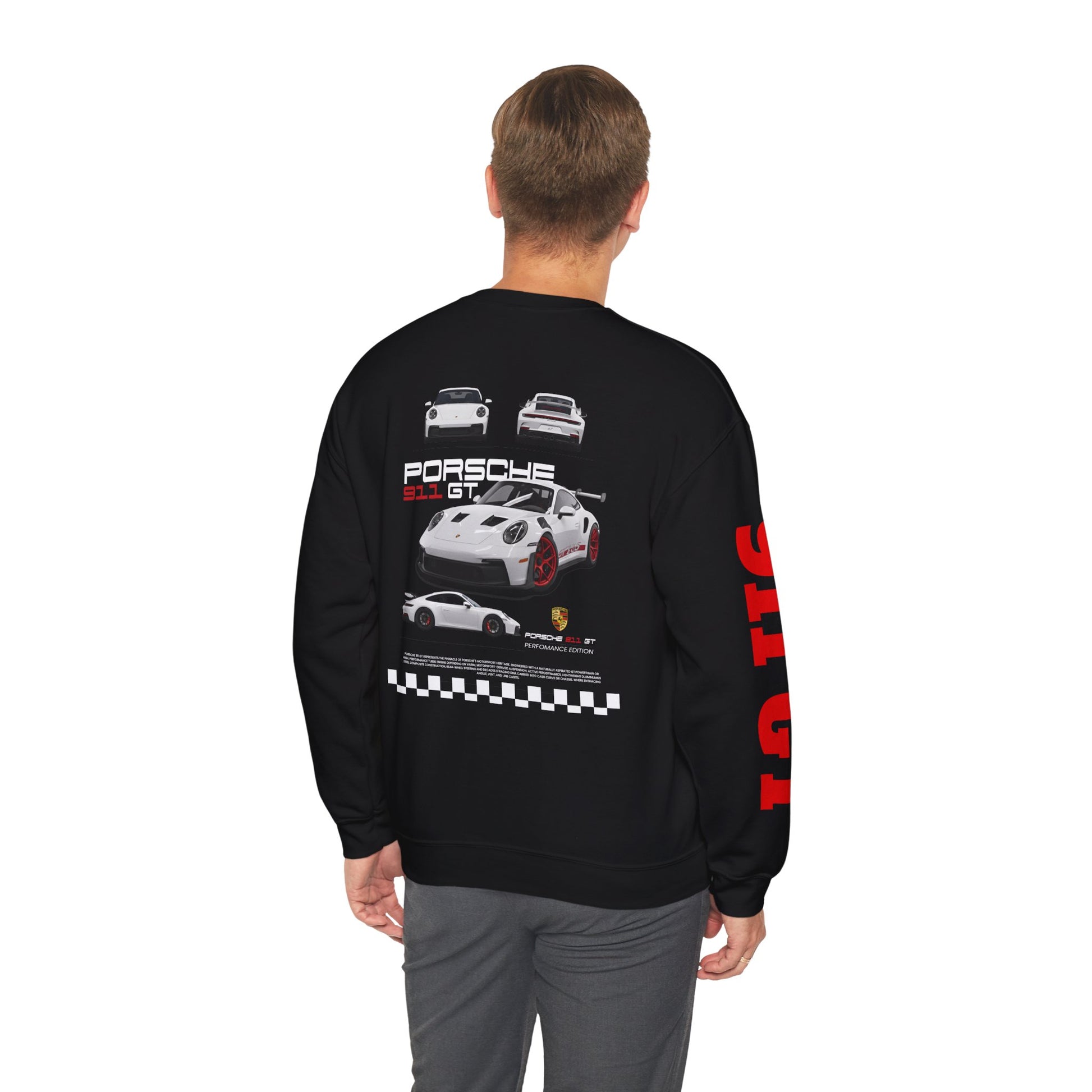 Black sweatshirt with Porsche design on the back, worn by a person