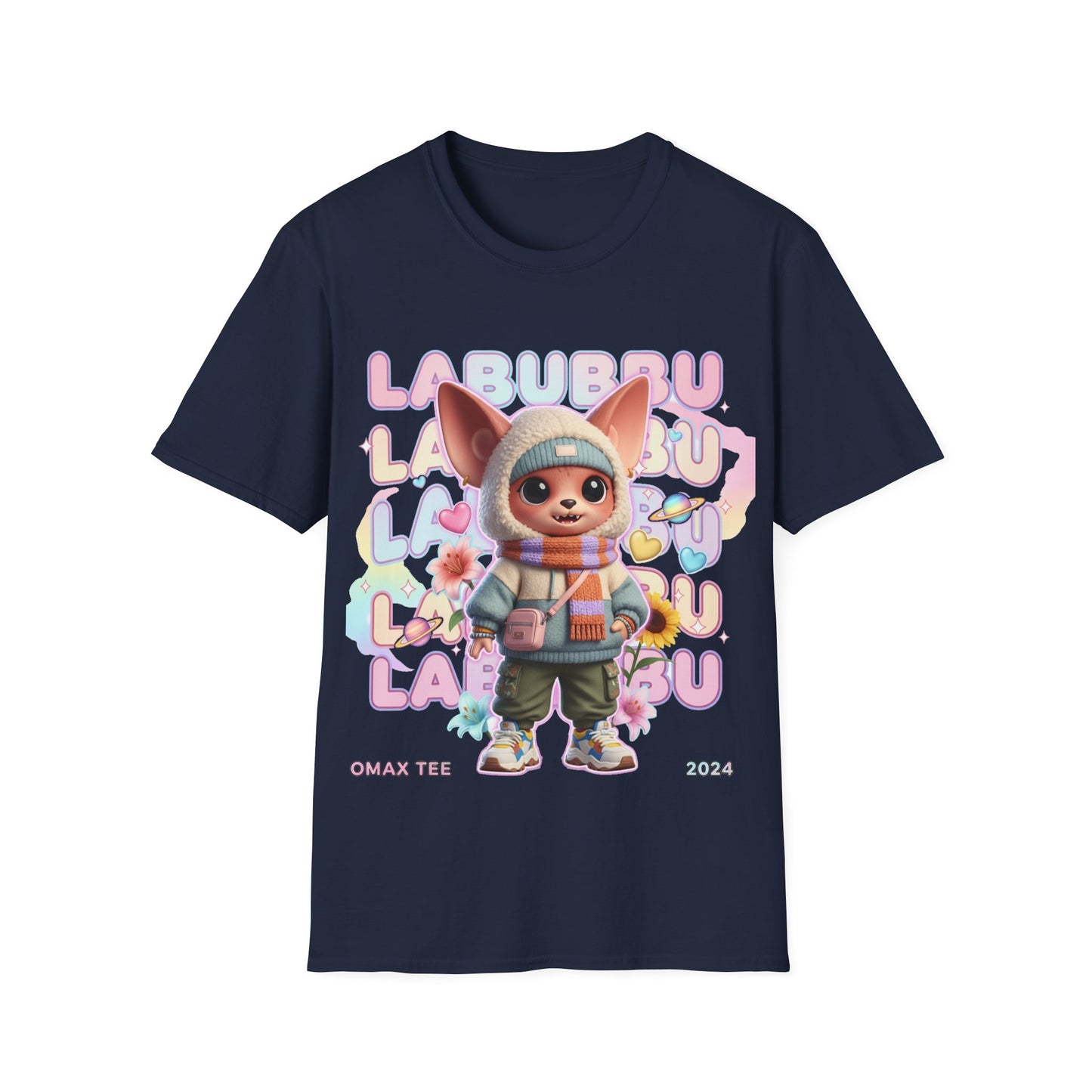 Navy blue t-shirt with cartoon character and 'LABUBU' text on a white background