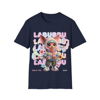Navy blue t-shirt with cartoon character and 'LABUBU' text on a white background