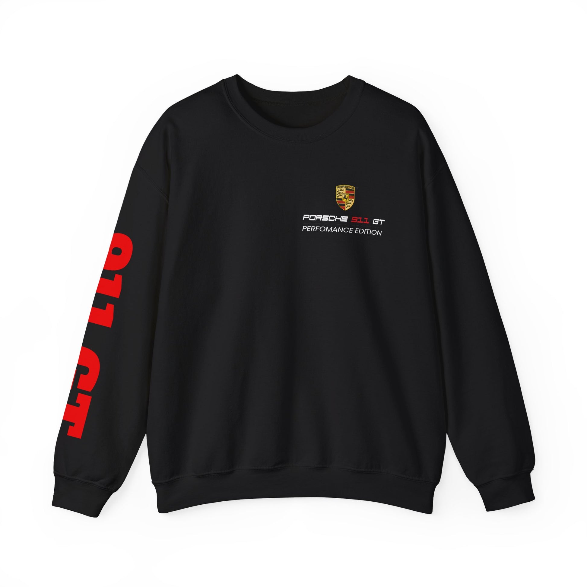 Black sweatshirt with Porsche logo and branding on a white background