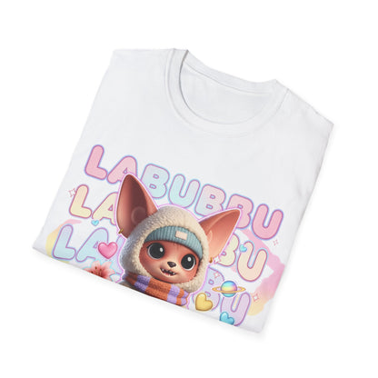 White t-shirt with cartoon character and 'LaBubbu' text on a white background