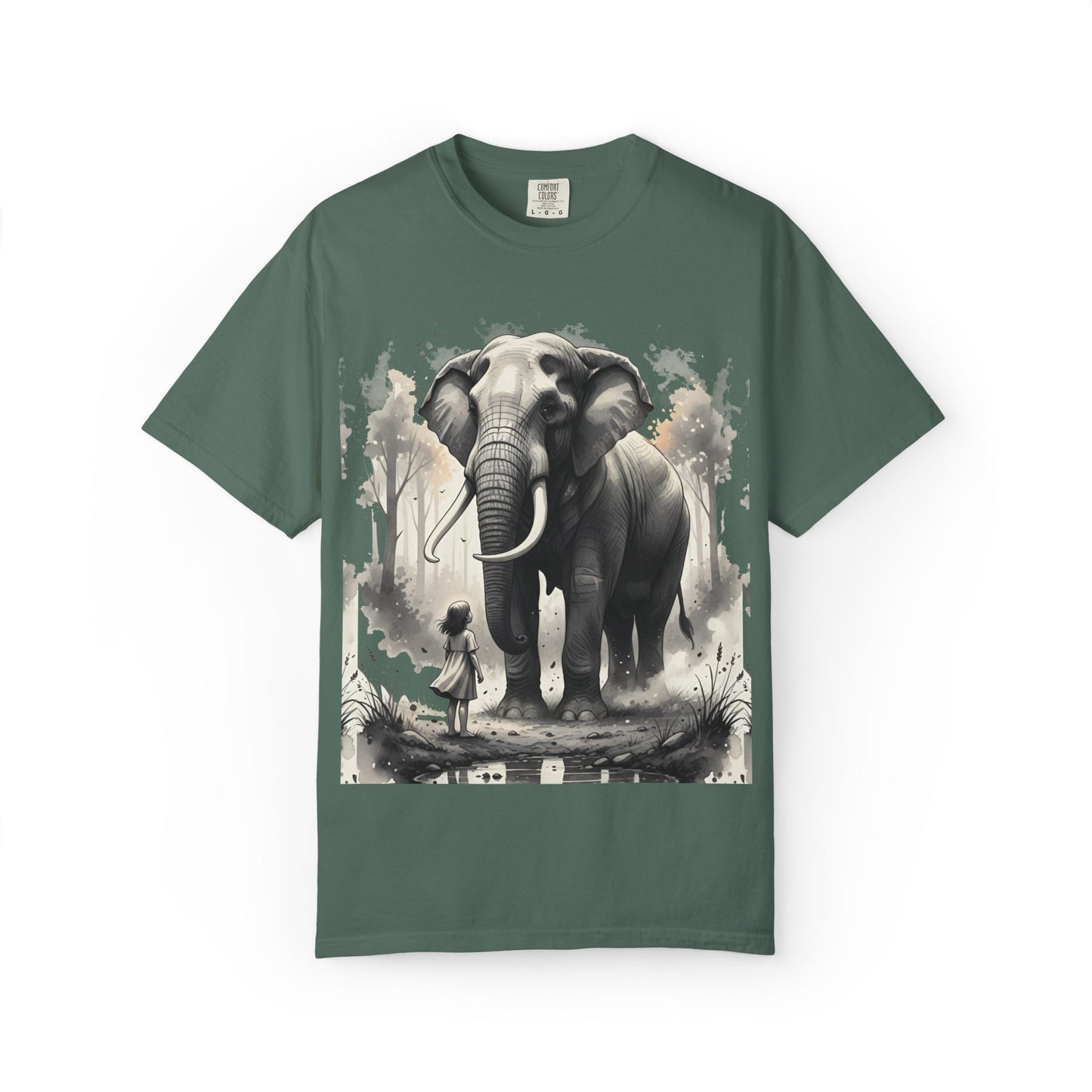 Green t-shirt with an elephant and person graphic on a white background