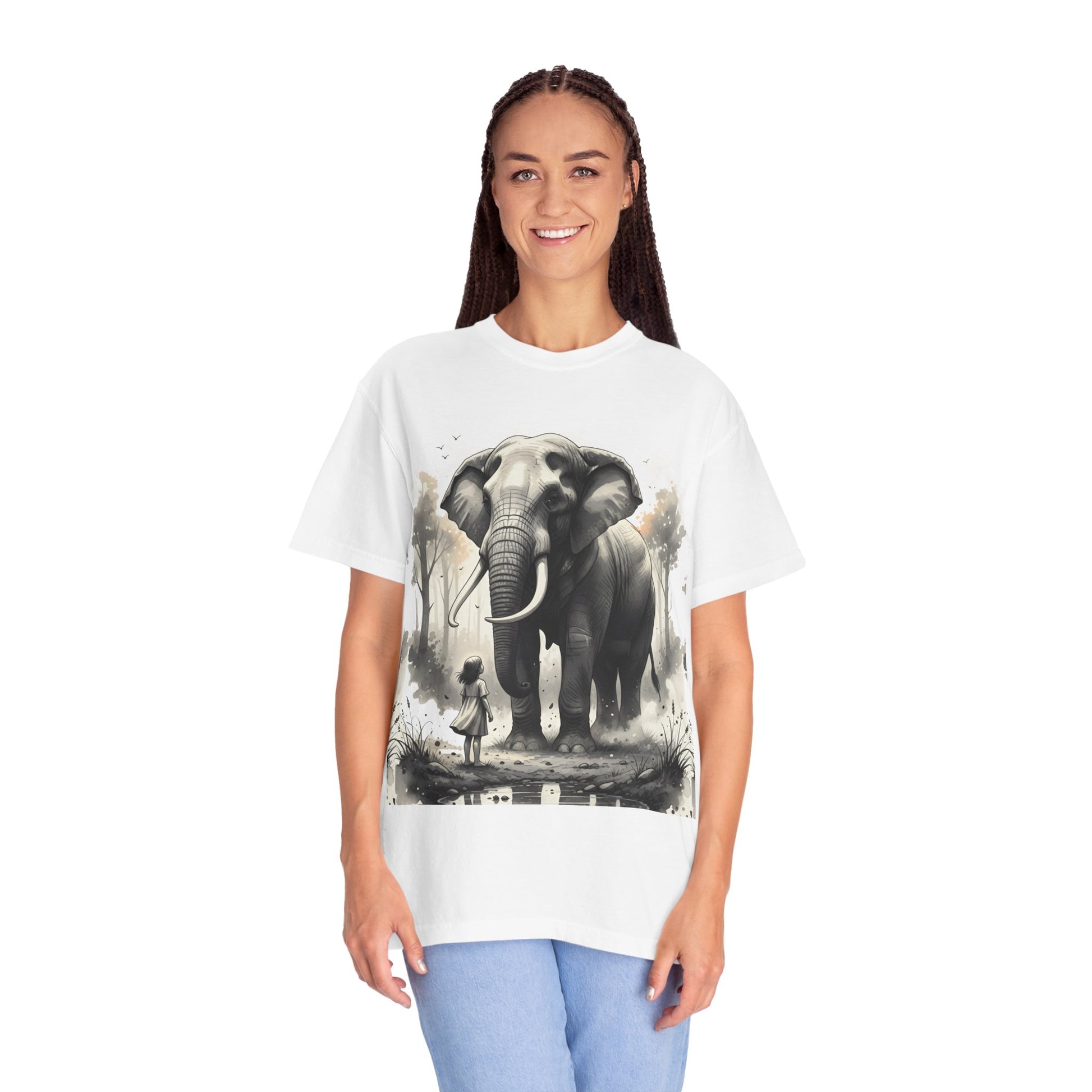 Woman wearing a white t-shirt with an elephant graphic on a white background