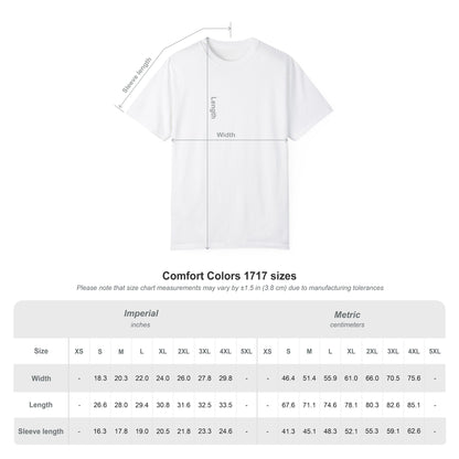 White t-shirt with measurement chart on a white background