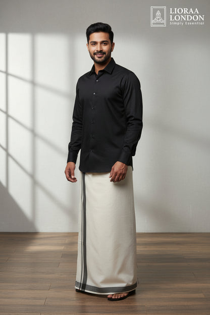 Double Dhoti with Black Kara Border - 4 Meter Off-White Kerala Mundu | 100% Pure Cotton | Onam Traditional Wear