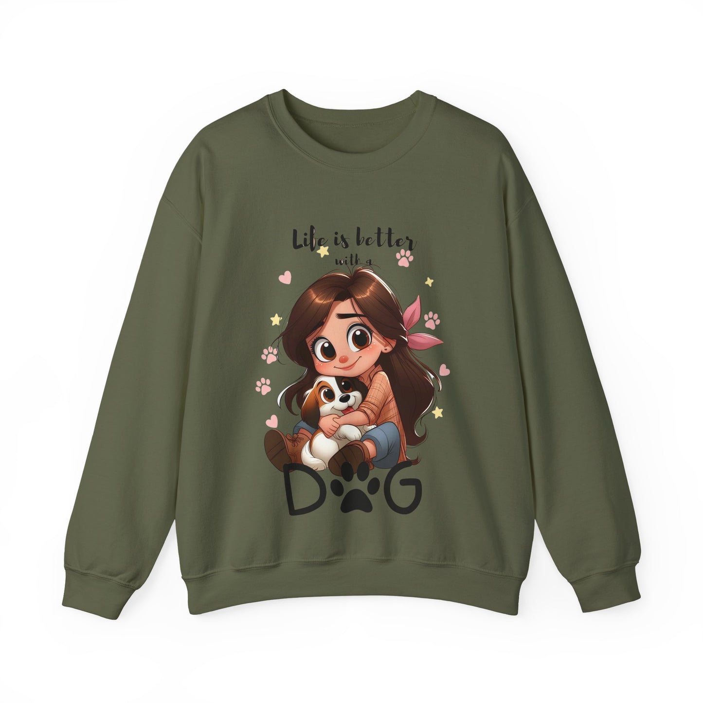 Green sweatshirt with a cartoon design of a girl holding a dog and text 'Life is better with a dog' on a white background.