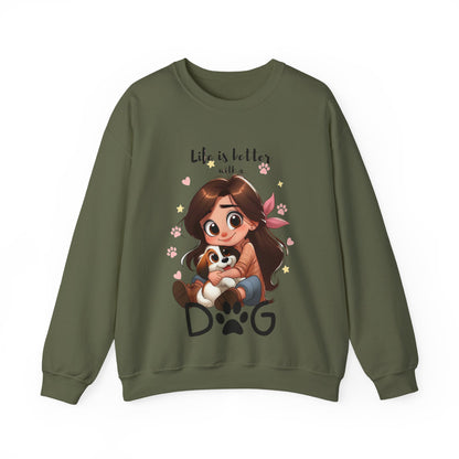Green sweatshirt with a cartoon design of a girl holding a dog and text 'Life is better with a dog' on a white background.