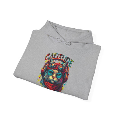 Folded gray hoodie with a colorful cat graphic and 'Catitude' text on a white background