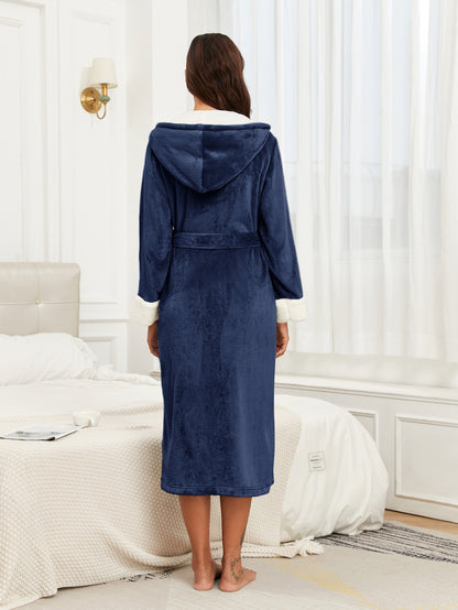 RONGTAI Womens Plush Fleece Hooded Bathrobe, Thick Nightgown Long Robe Sleepwear With Two Side Pockets And Belt
