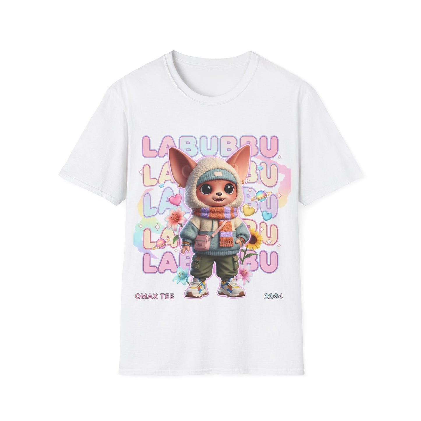 White t-shirt with cartoon character and colorful text on a white background