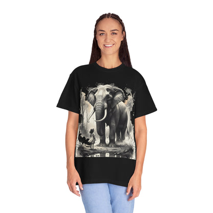 Elephant & Girl Graphic T-Shirt | Vintage Wildlife Illustration T-Shirt for Nature Lovers
