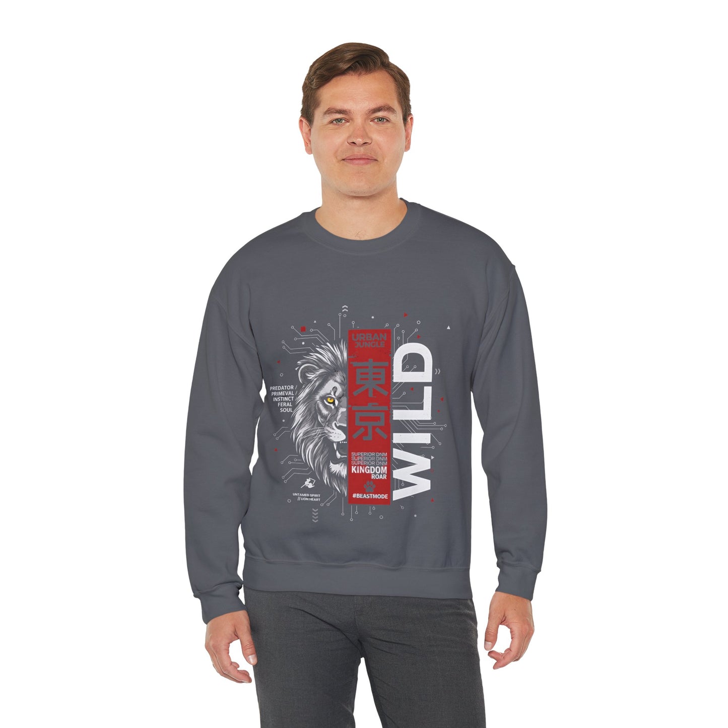 Wild Lion Tokyo Crewneck Sweatshirt — Urban Jungle Graphic Pullover