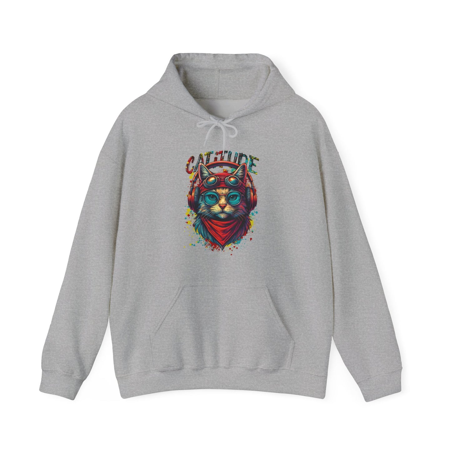 Gray hoodie with a colorful cat graphic and 'Catitude' text on a white background