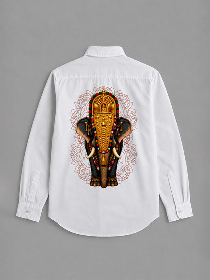 Onam Special Elephant Print Combo Set - Double Dhoti + Shirt for Men | 4M Off-White Mundu with 2-Inch Golden Kasavu Border