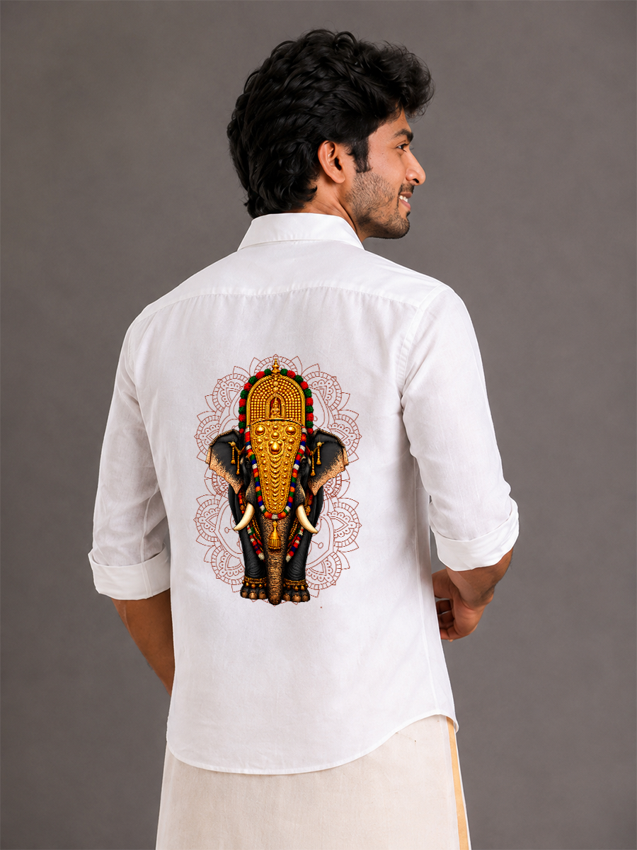 Onam Special Elephant Print Combo Set - Double Dhoti + Shirt for Men | 4M Off-White Mundu with 2-Inch Golden Kasavu Border