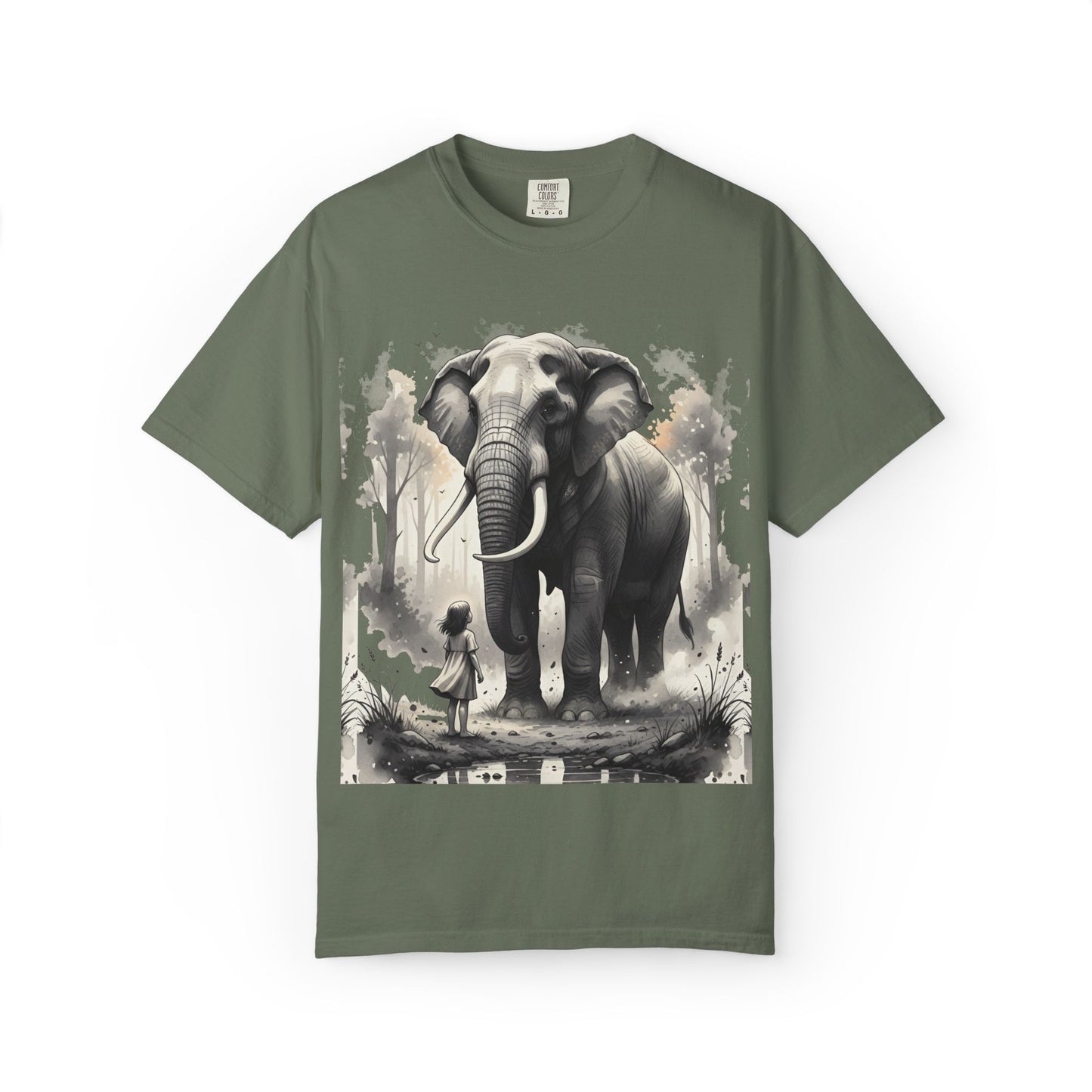 Green t-shirt with an elephant and person graphic on a white background