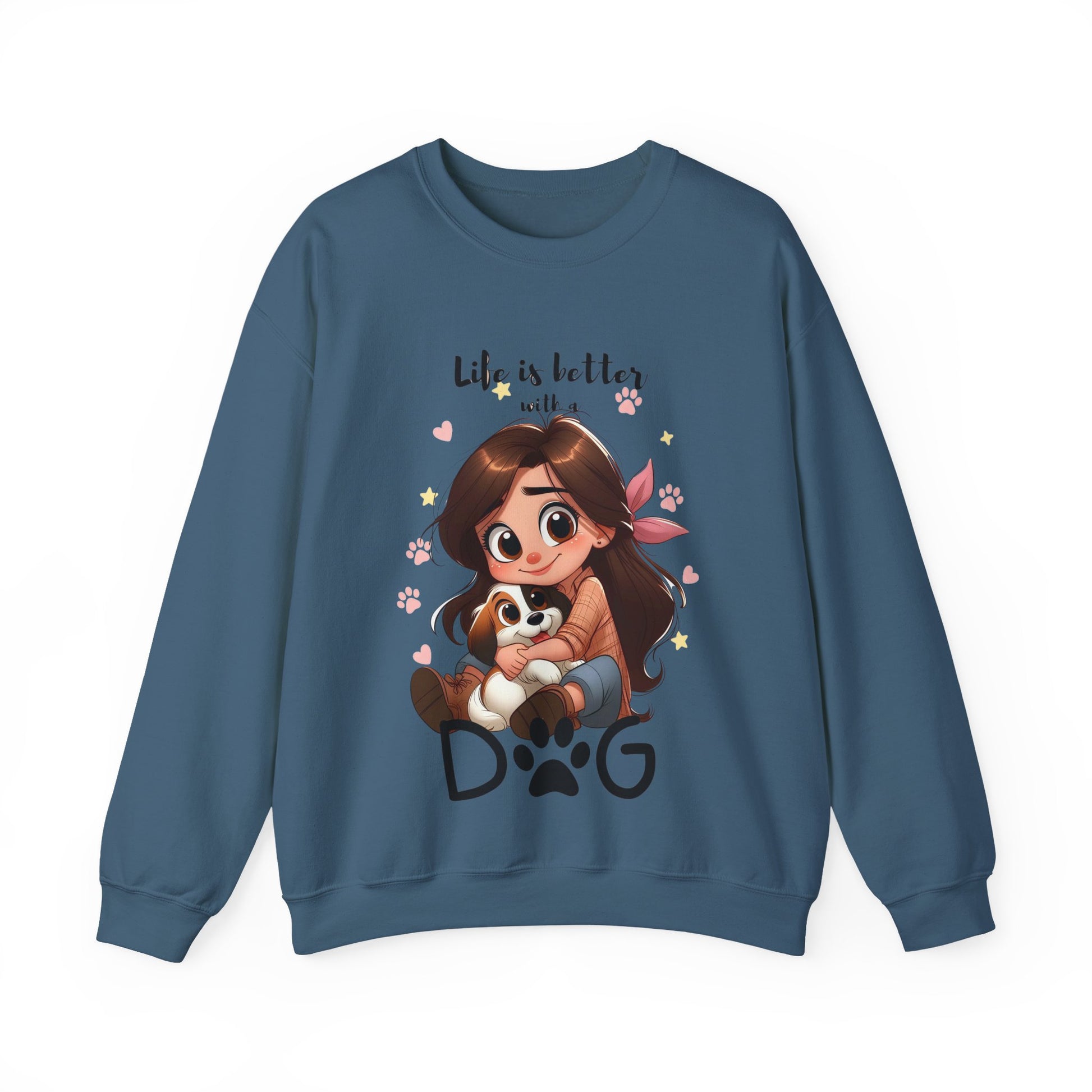 Blue sweatshirt with a cartoon design of a girl holding a dog and text 'Life is better with a dog' on a white background.