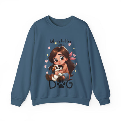 Blue sweatshirt with a cartoon design of a girl holding a dog and text 'Life is better with a dog' on a white background.