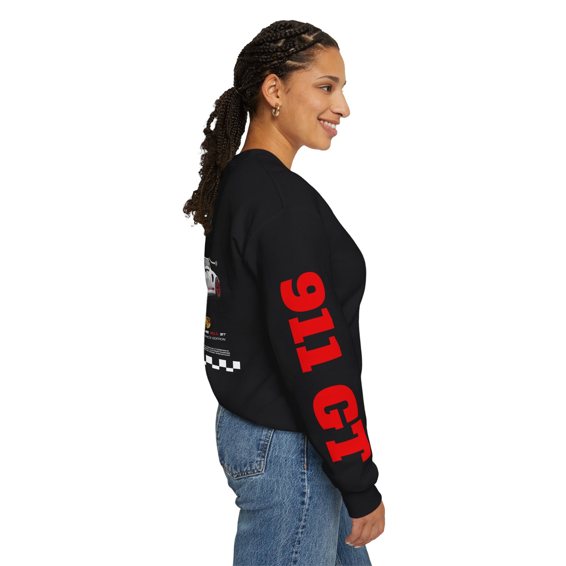 Person wearing a black sweatshirt with red text on a white background