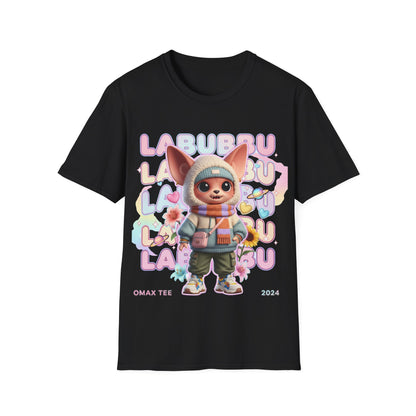 Black t-shirt with cartoon character labubbu and colorful text on a white background