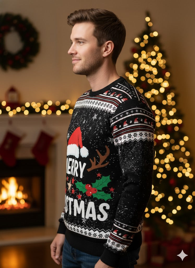 Unisex Merry Christmas Black Full Sleeve T-Shirt