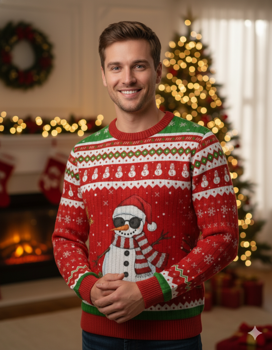 Man wearing a festive Christmas sweater with a snowman design in a decorated room.