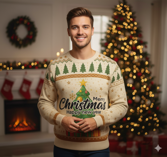 Man wearing a Christmas-themed sweater in a festive room with a tree and stockings.