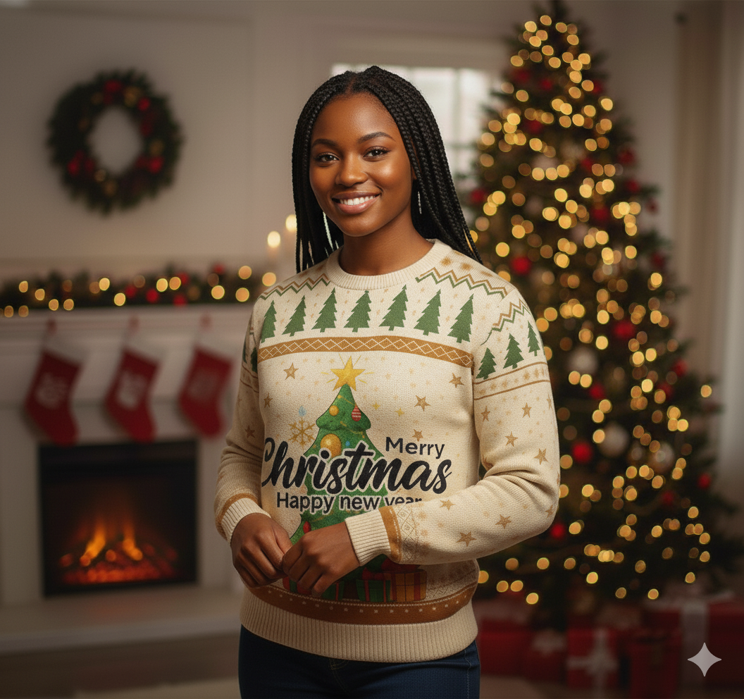 Woman wearing a Christmas sweater in a festive room with a tree and stockings.