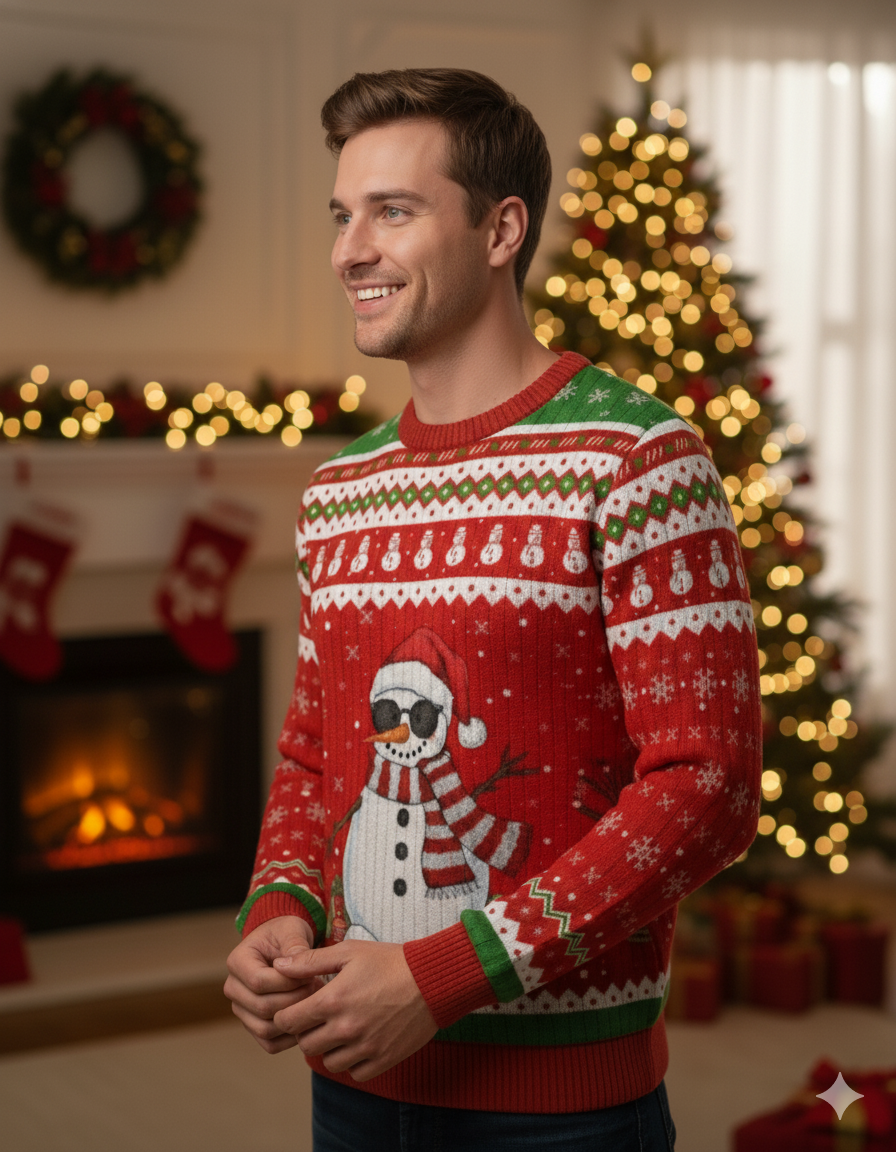 Man wearing a festive sweater with a snowman design in a decorated room.